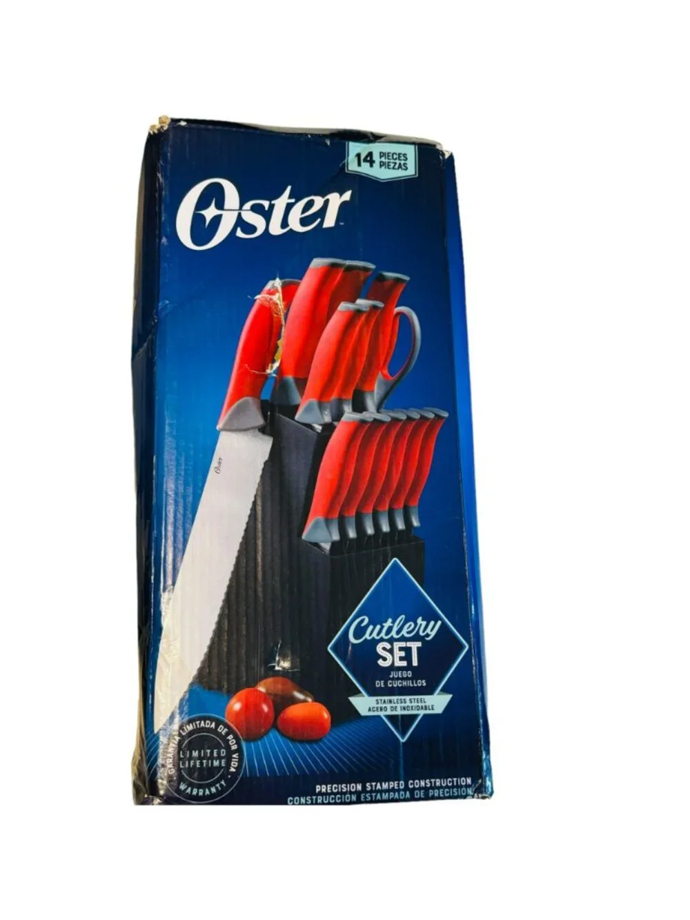 Oster 14-Piece Stainless Steel Cutlery Set With Red Handles & Wood Block